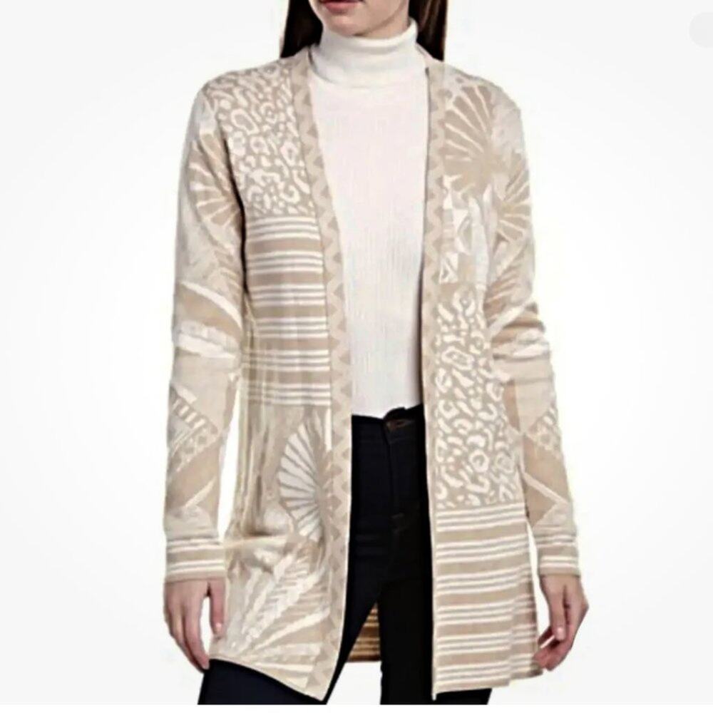 J. McLaughlin Open Cardigan Sweater Palm Tropical Leopard Neutral Med Coastal